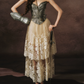 Unique Strapless Silver Bodice Prom Dress Beige Lace Tulle Tiered A-Line Evening Dress C8467