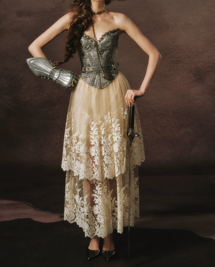 Unique Strapless Silver Bodice Prom Dress Beige Lace Tulle Tiered A-Line Evening Dress C8467