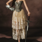 Unique Strapless Silver Bodice Prom Dress Beige Lace Tulle Tiered A-Line Evening Dress C8467