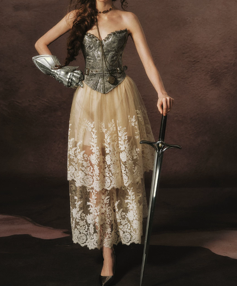 Unique Strapless Silver Bodice Prom Dress Beige Lace Tulle Tiered A-Line Evening Dress C8467