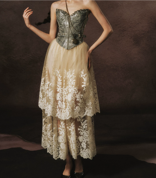 Unique Strapless Silver Bodice Prom Dress Beige Lace Tulle Tiered A-Line Evening Dress C8467