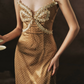 Playful Spaghetti Straps Gold Prom Dress Polka Dots Lace A-Line Evening Dress C8468
