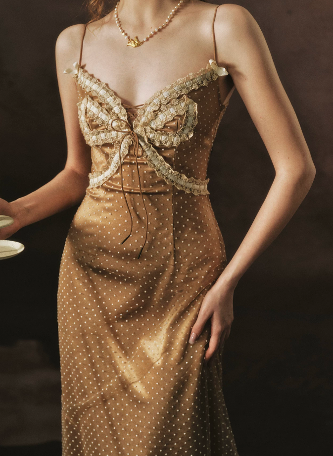 Playful Spaghetti Straps Gold Prom Dress Polka Dots Lace A-Line Evening Dress C8468
