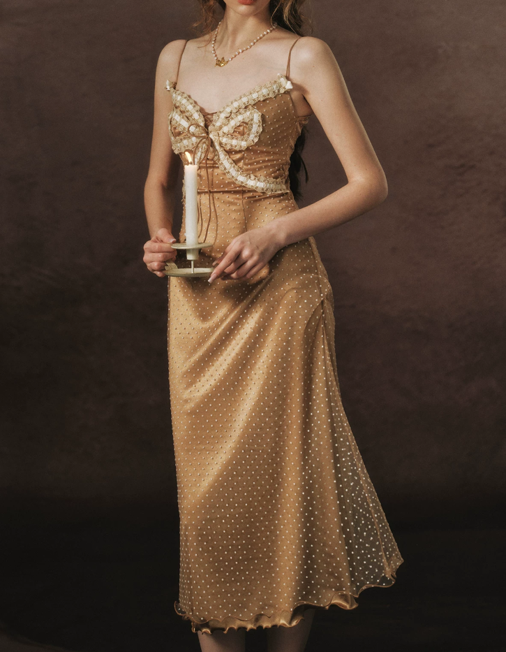Playful Spaghetti Straps Gold Prom Dress Polka Dots Lace A-Line Evening Dress C8468