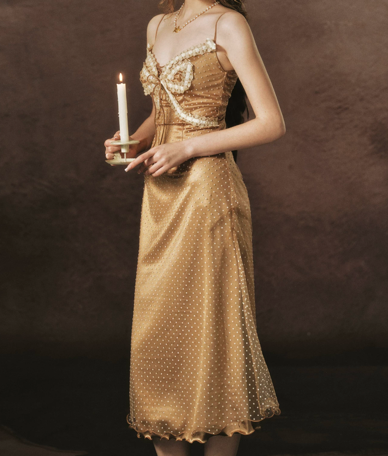 Playful Spaghetti Straps Gold Prom Dress Polka Dots Lace A-Line Evening Dress C8468
