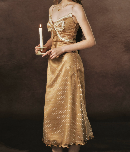 Playful Spaghetti Straps Gold Prom Dress Polka Dots Lace A-Line Evening Dress C8468