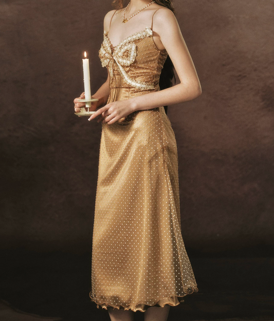Playful Spaghetti Straps Gold Prom Dress Polka Dots Lace A-Line Evening Dress C8468