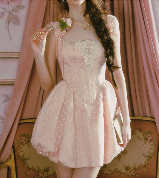 Glam Polka Dots Pink Homecoming Dress Bows A-Line Birthday Dress C8469