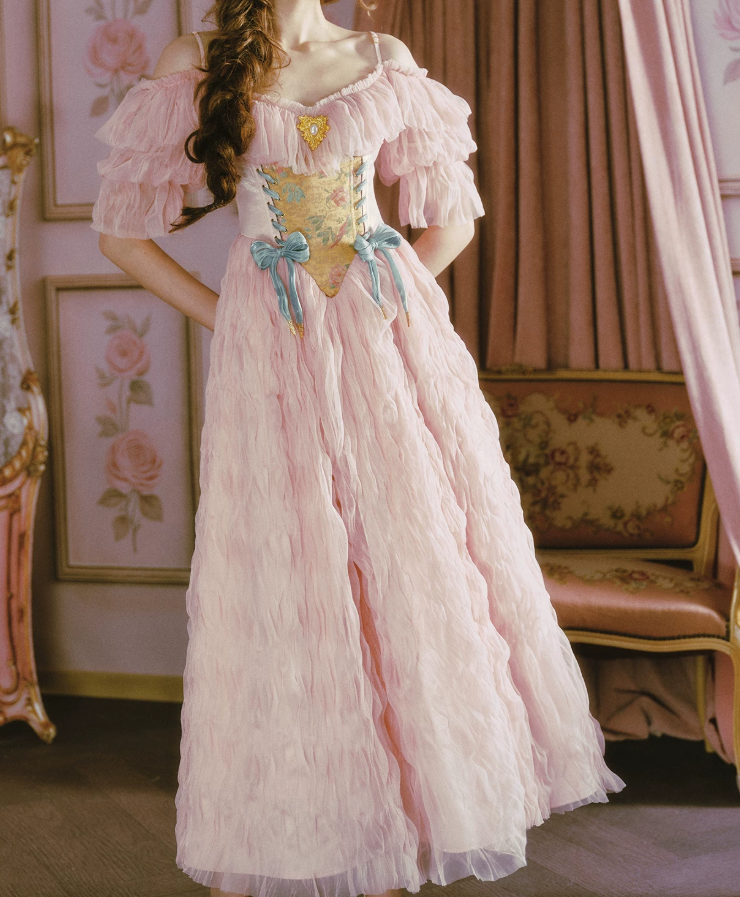 Sweet Off-the-Shoulder Pink Prom Dress Bows Floral Tulle A-Line Evening Dress C8471