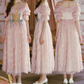 Sweet Off-the-Shoulder Pink Prom Dress Bows Floral Tulle A-Line Evening Dress C8471