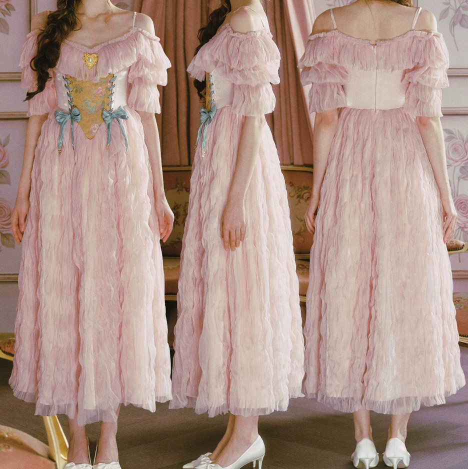 Sweet Off-the-Shoulder Pink Prom Dress Bows Floral Tulle A-Line Evening Dress C8471