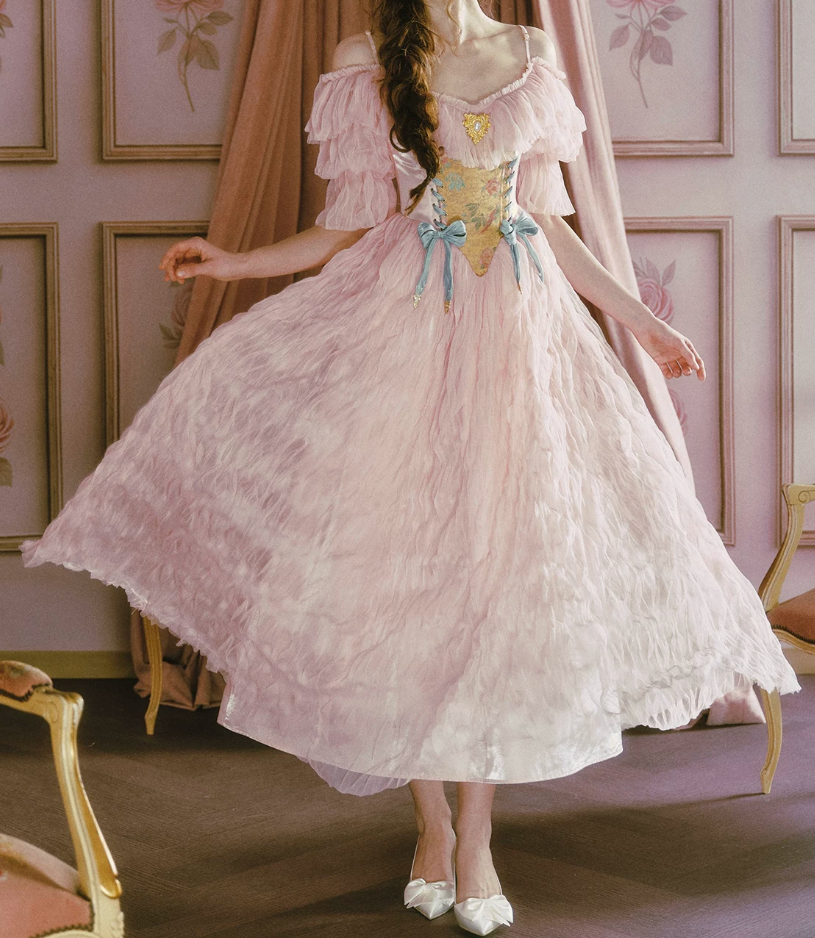 Sweet Off-the-Shoulder Pink Prom Dress Bows Floral Tulle A-Line Evening Dress C8471
