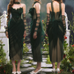 Chic Strapless Dark Green Prom Dress With Sleeves Scarf Tulle Appliques Sheath Evening Dress C8473