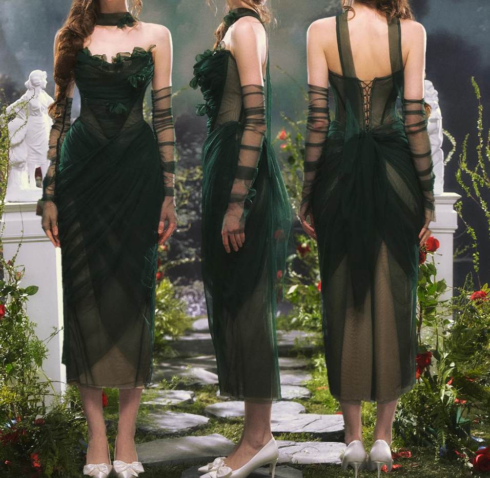 Chic Strapless Dark Green Prom Dress With Sleeves Scarf Tulle Appliques Sheath Evening Dress C8473