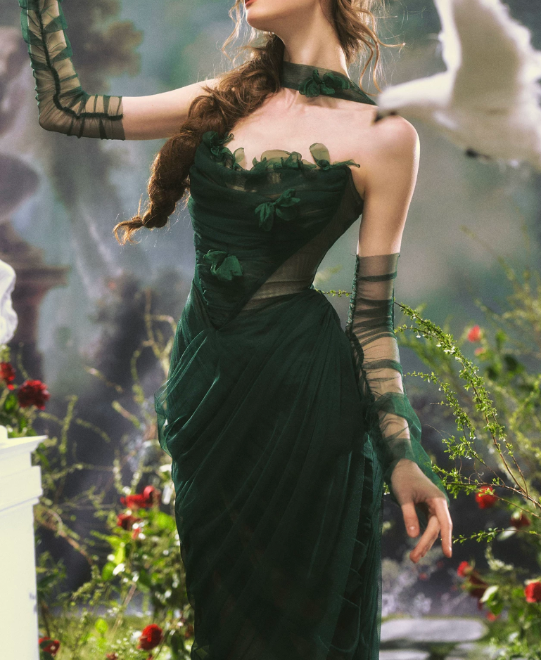 Chic Strapless Dark Green Prom Dress With Sleeves Scarf Tulle Appliques Sheath Evening Dress C8473