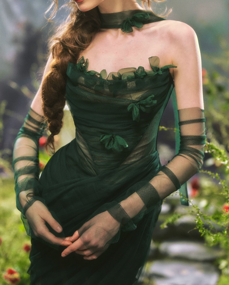 Chic Strapless Dark Green Prom Dress With Sleeves Scarf Tulle Appliques Sheath Evening Dress C8473