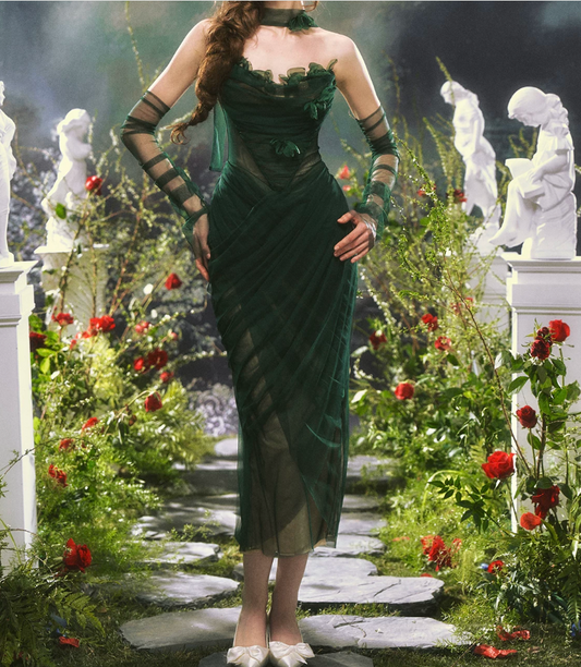 Chic Strapless Dark Green Prom Dress With Sleeves Scarf Tulle Appliques Sheath Evening Dress C8473