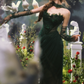 Chic Strapless Dark Green Prom Dress With Sleeves Scarf Tulle Appliques Sheath Evening Dress C8473