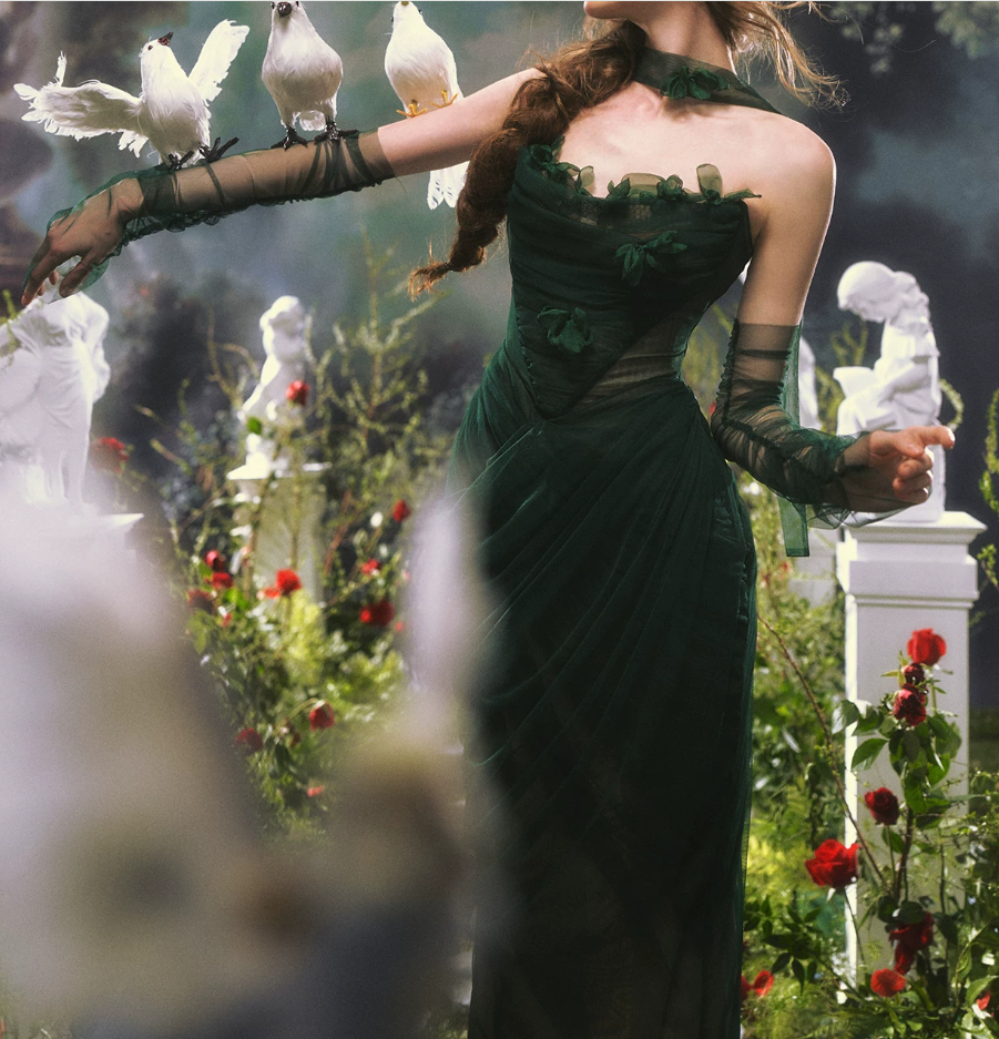 Chic Strapless Dark Green Prom Dress With Sleeves Scarf Tulle Appliques Sheath Evening Dress C8473