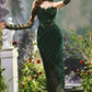 Chic Strapless Dark Green Prom Dress With Sleeves Scarf Tulle Appliques Sheath Evening Dress C8473