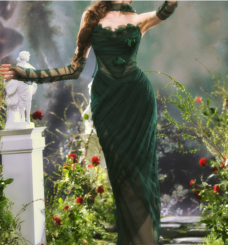 Chic Strapless Dark Green Prom Dress With Sleeves Scarf Tulle Appliques Sheath Evening Dress C8473