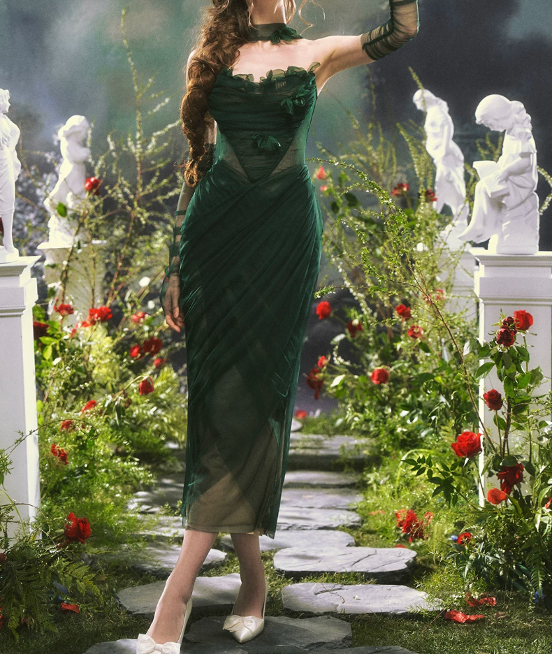 Chic Strapless Dark Green Prom Dress With Sleeves Scarf Tulle Appliques Sheath Evening Dress C8473