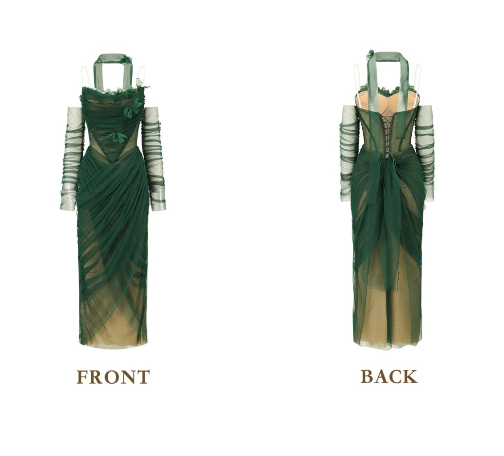 Chic Strapless Dark Green Prom Dress With Sleeves Scarf Tulle Appliques Sheath Evening Dress C8473