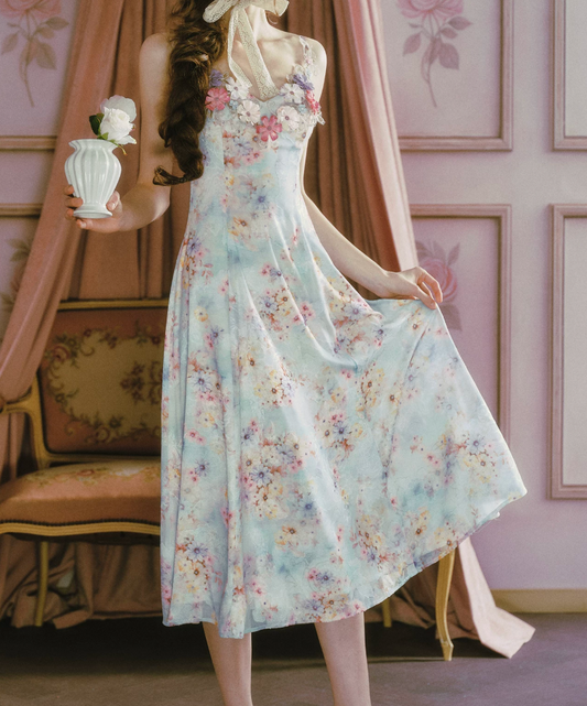 Glam Spaghetti Straps Floral Prom Dress Appliques A-Line Evening Dress C8474