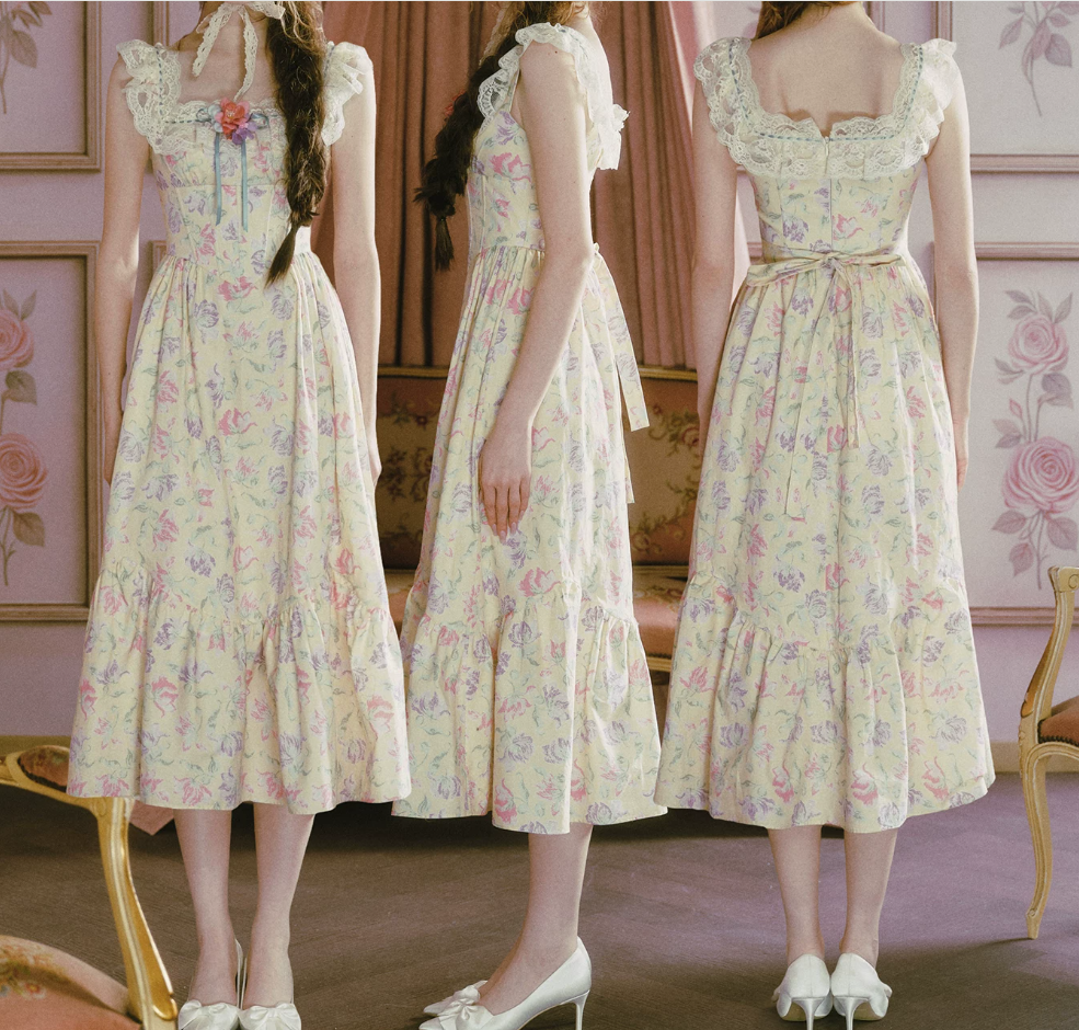 Romantic Square Neck Floral  Prom Dress Lace A-Line Evening Dress C8476