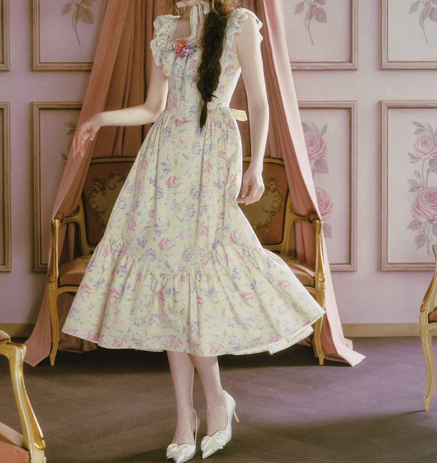 Romantic Square Neck Floral  Prom Dress Lace A-Line Evening Dress C8476