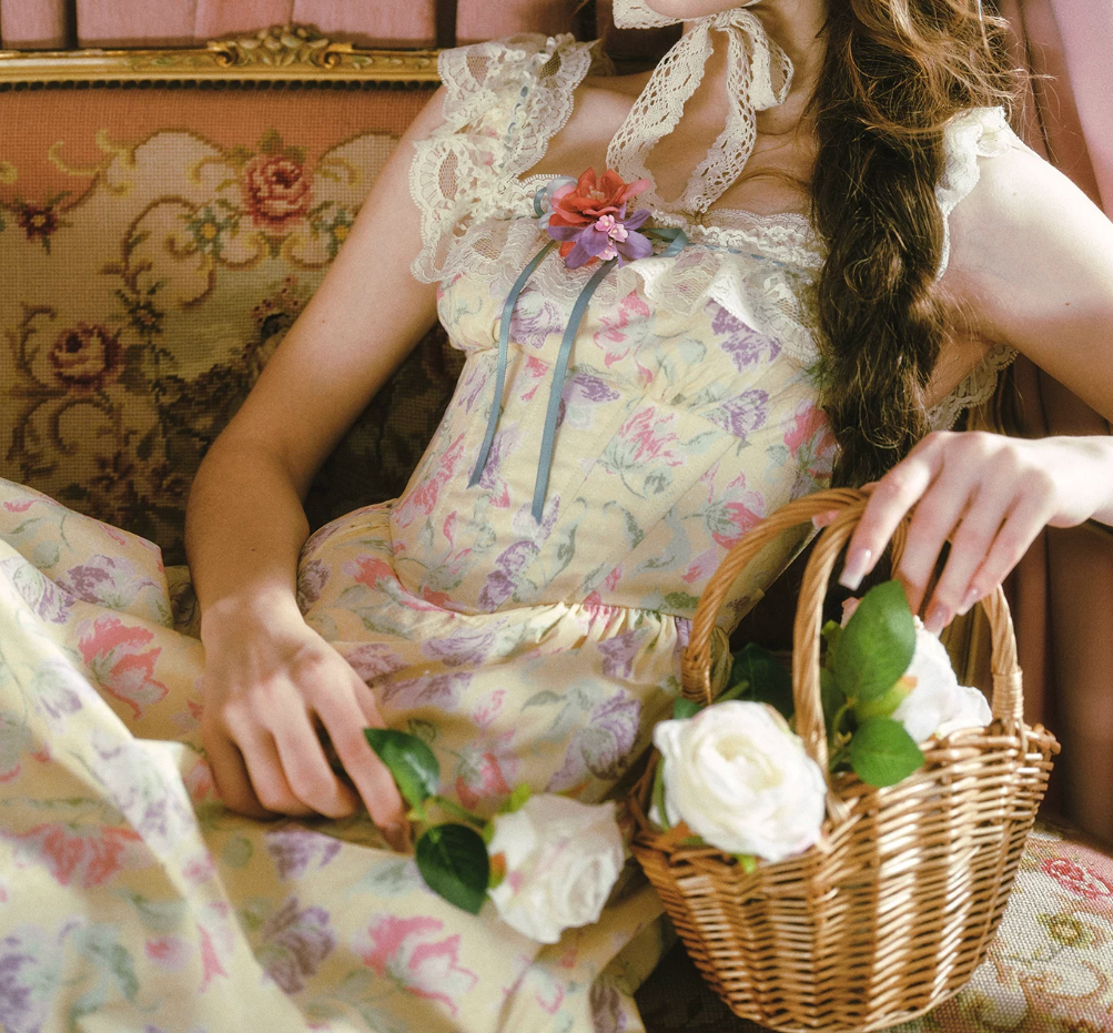 Romantic Square Neck Floral  Prom Dress Lace A-Line Evening Dress C8476