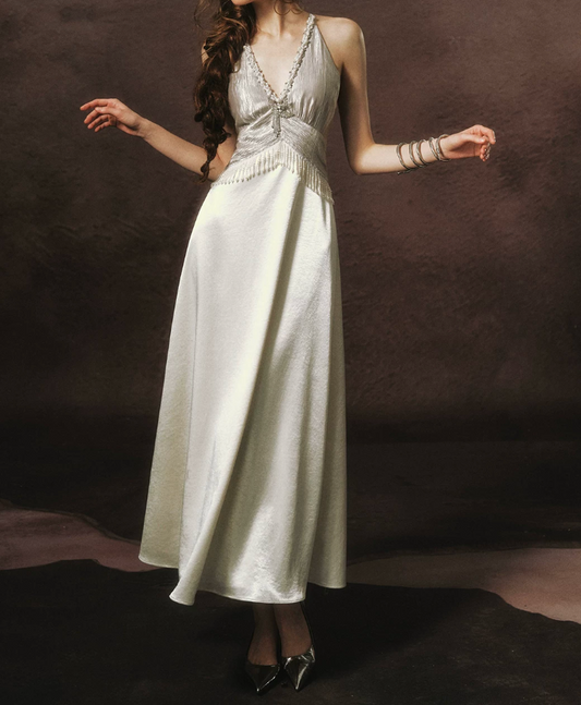 Glowing V Neck Silver Prom Dress Beading A-Line Evening Dress C8477