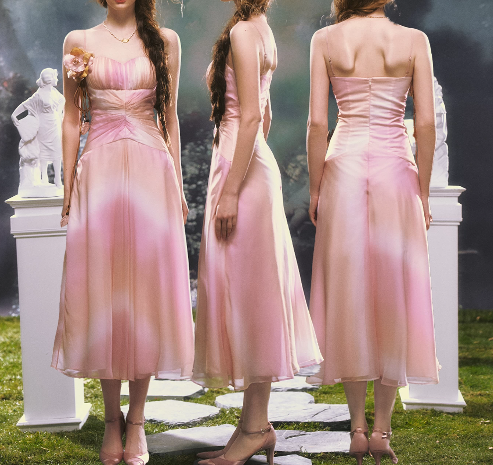 Classical Tie-Dye Pink Prom Dress Spaghetti Straps Floral A-Line Evening Dress C8478