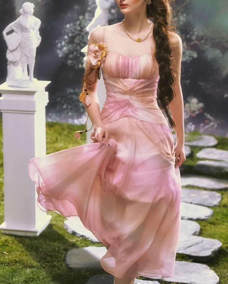 Classical Tie-Dye Pink Prom Dress Spaghetti Straps Floral A-Line Evening Dress C8478