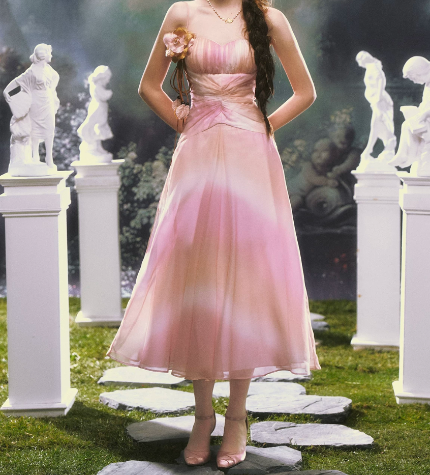 Classical Tie-Dye Pink Prom Dress Spaghetti Straps Floral A-Line Evening Dress C8478