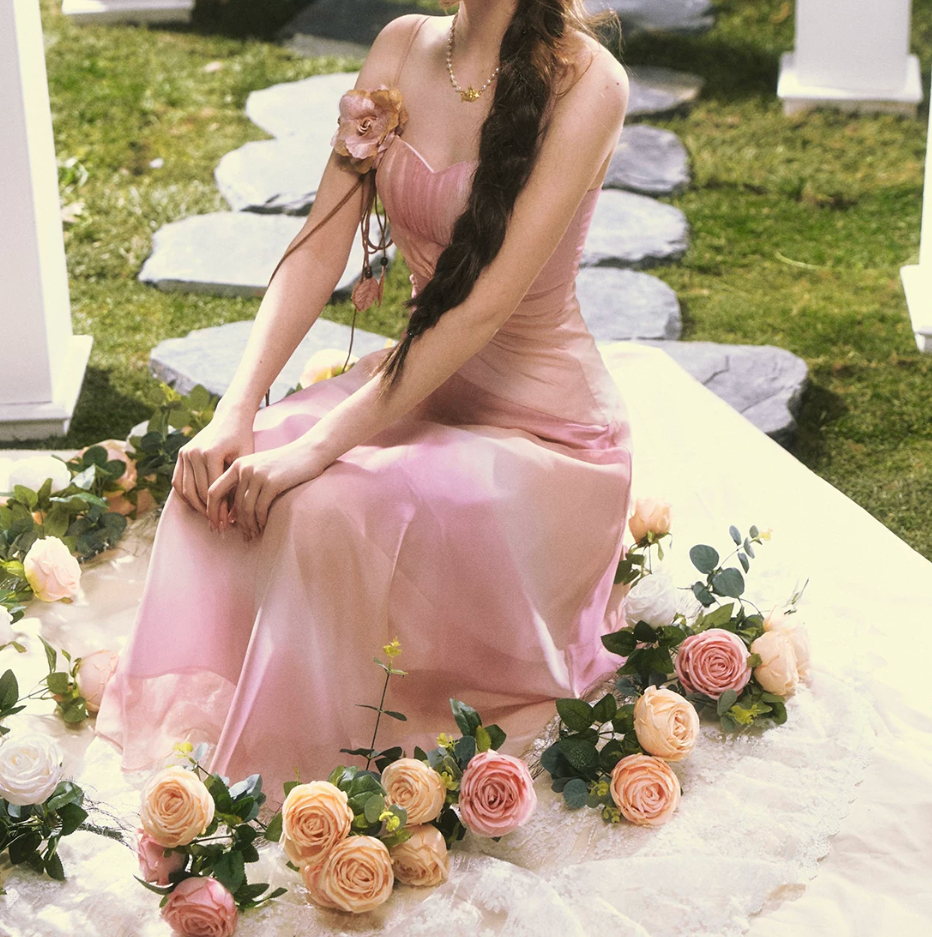 Classical Tie-Dye Pink Prom Dress Spaghetti Straps Floral A-Line Evening Dress C8478