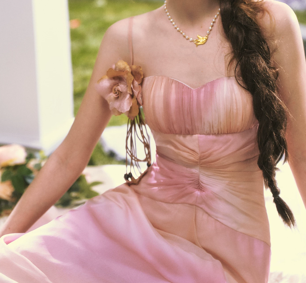 Classical Tie-Dye Pink Prom Dress Spaghetti Straps Floral A-Line Evening Dress C8478