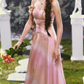 Classical Tie-Dye Pink Prom Dress Spaghetti Straps Floral A-Line Evening Dress C8478