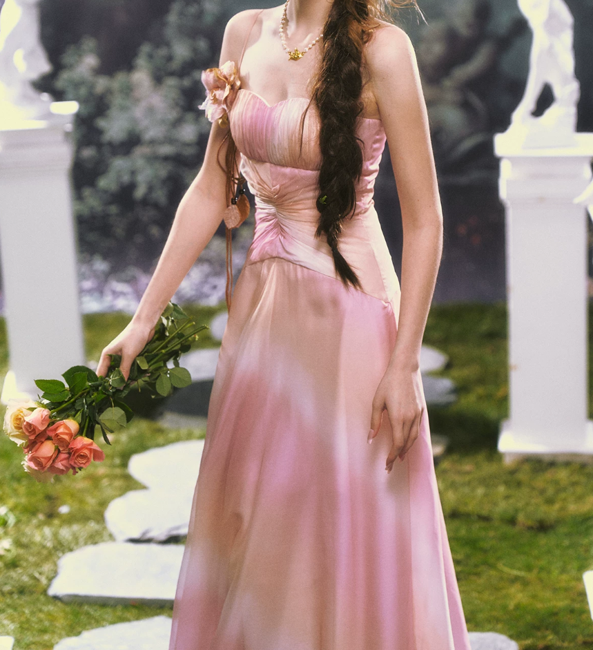 Classical Tie-Dye Pink Prom Dress Spaghetti Straps Floral A-Line Evening Dress C8478