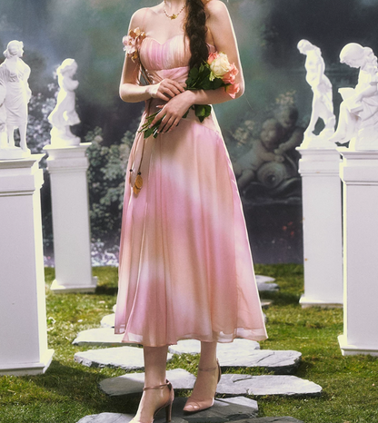 Classical Tie-Dye Pink Prom Dress Spaghetti Straps Floral A-Line Evening Dress C8478