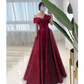 Sexy A Line Off The Shoulder Satin Burgundy Tulle Long Prom Dresses C848