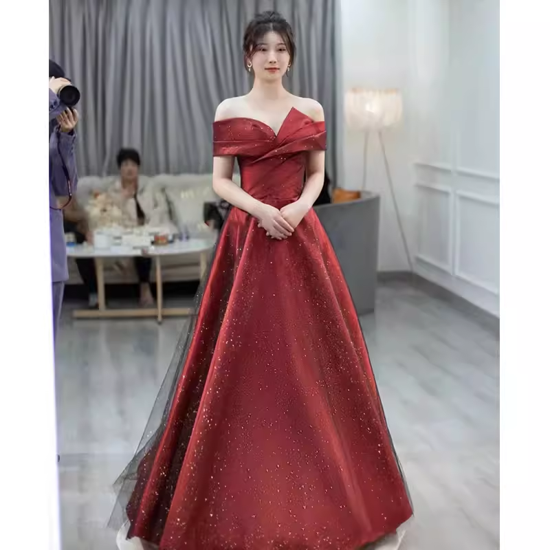 Sexy A Line Off The Shoulder Satin Burgundy Tulle Long Prom Dresses C848