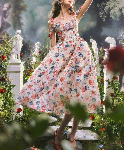 Rertro Spaghetti Straps Floral Prom Dress Appliques A-Line Evening Dress C8481