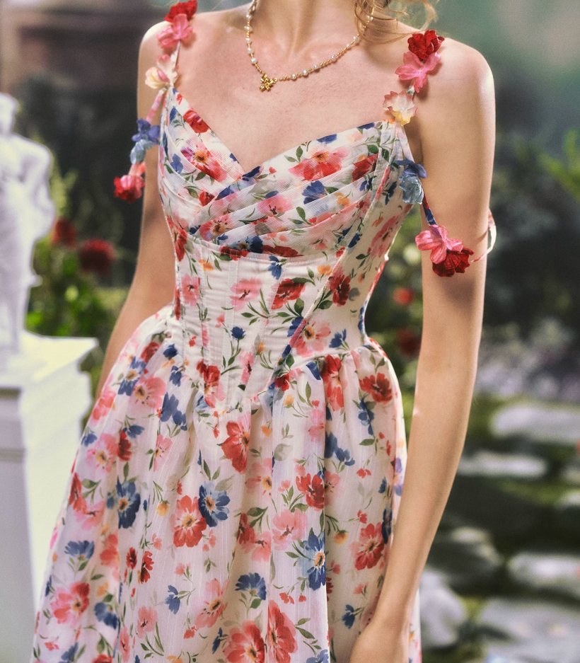 Rertro Spaghetti Straps Floral Prom Dress Appliques A-Line Evening Dress C8481