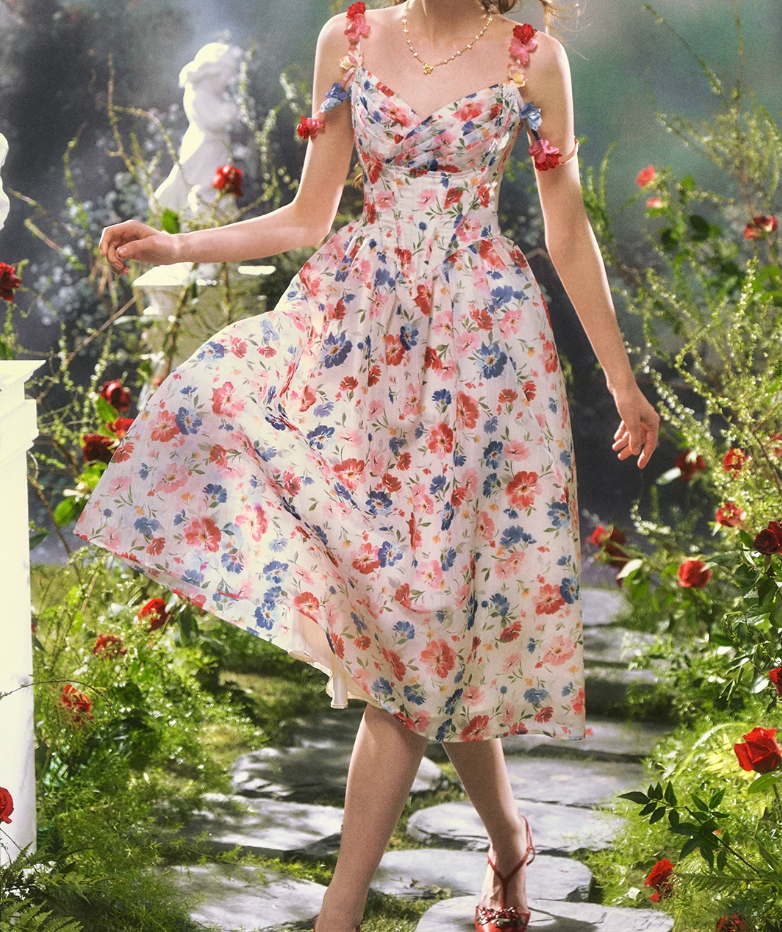 Rertro Spaghetti Straps Floral Prom Dress Appliques A-Line Evening Dress C8481
