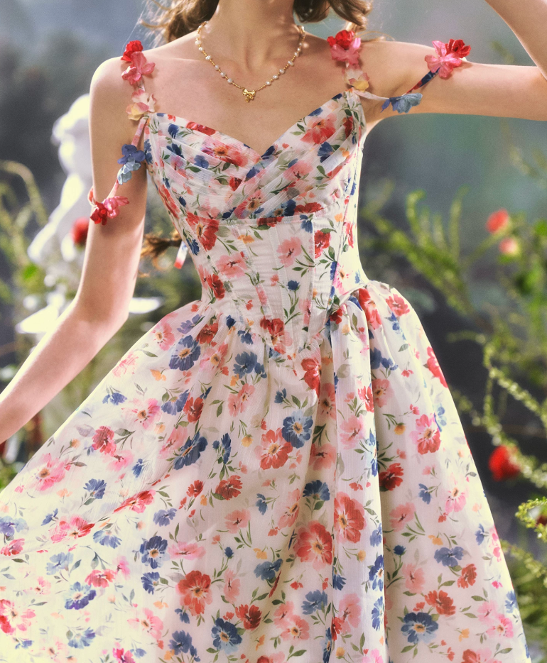Rertro Spaghetti Straps Floral Prom Dress Appliques A-Line Evening Dress C8481