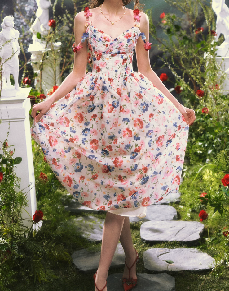 Rertro Spaghetti Straps Floral Prom Dress Appliques A-Line Evening Dress C8481