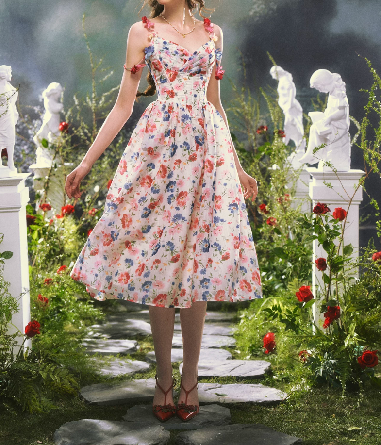 Rertro Spaghetti Straps Floral Prom Dress Appliques A-Line Evening Dress C8481