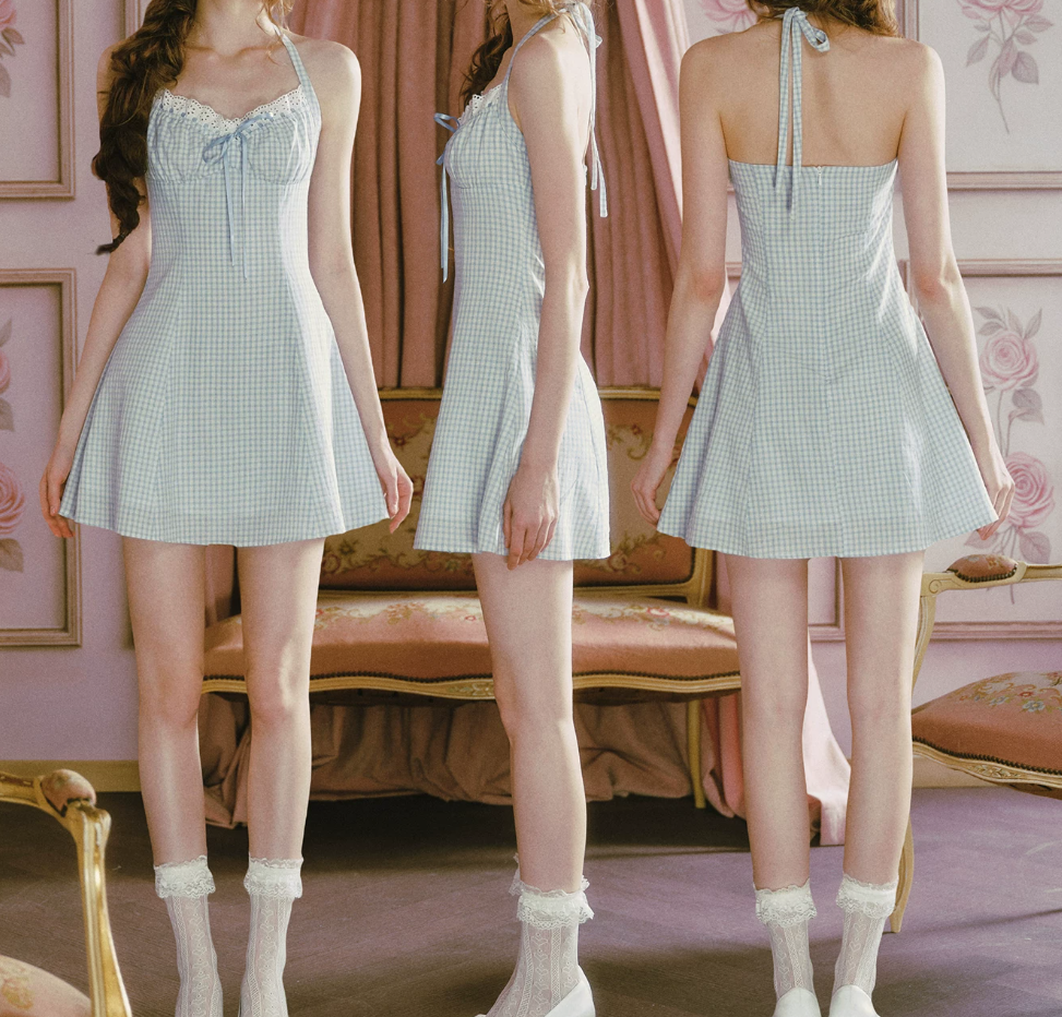 Simple Plaid Blue Homecoming Dress Halter Neck A-Line Birthday Dress C8483