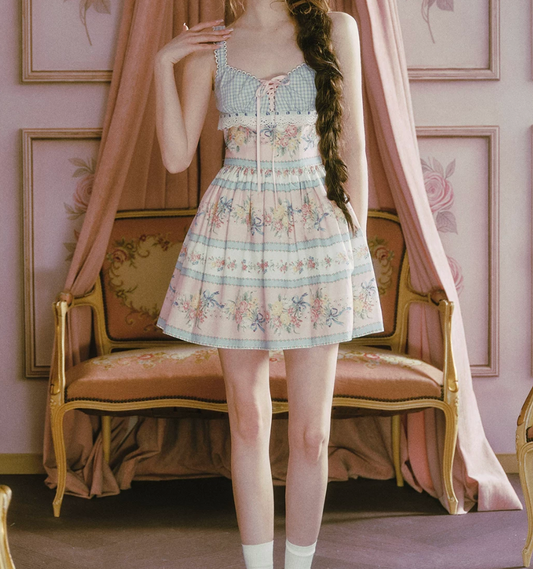 Cute Spaghetti Straps Plaid Floral Homecoming Dress Floral A-Line Birthday Dress C8484